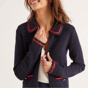 Boden Kendall Navy Knitted Cardigan with Ruffle Collar & Hot Coral Piping Trim
